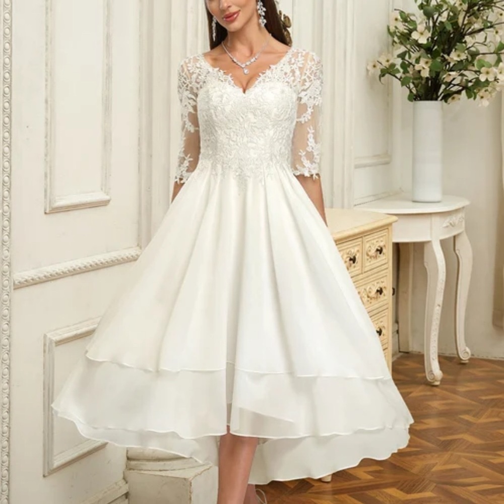 A-line V-Neck Asymmetrical Lace Chiffon Wedding Dress With Ruffle - Picture 2 of 7